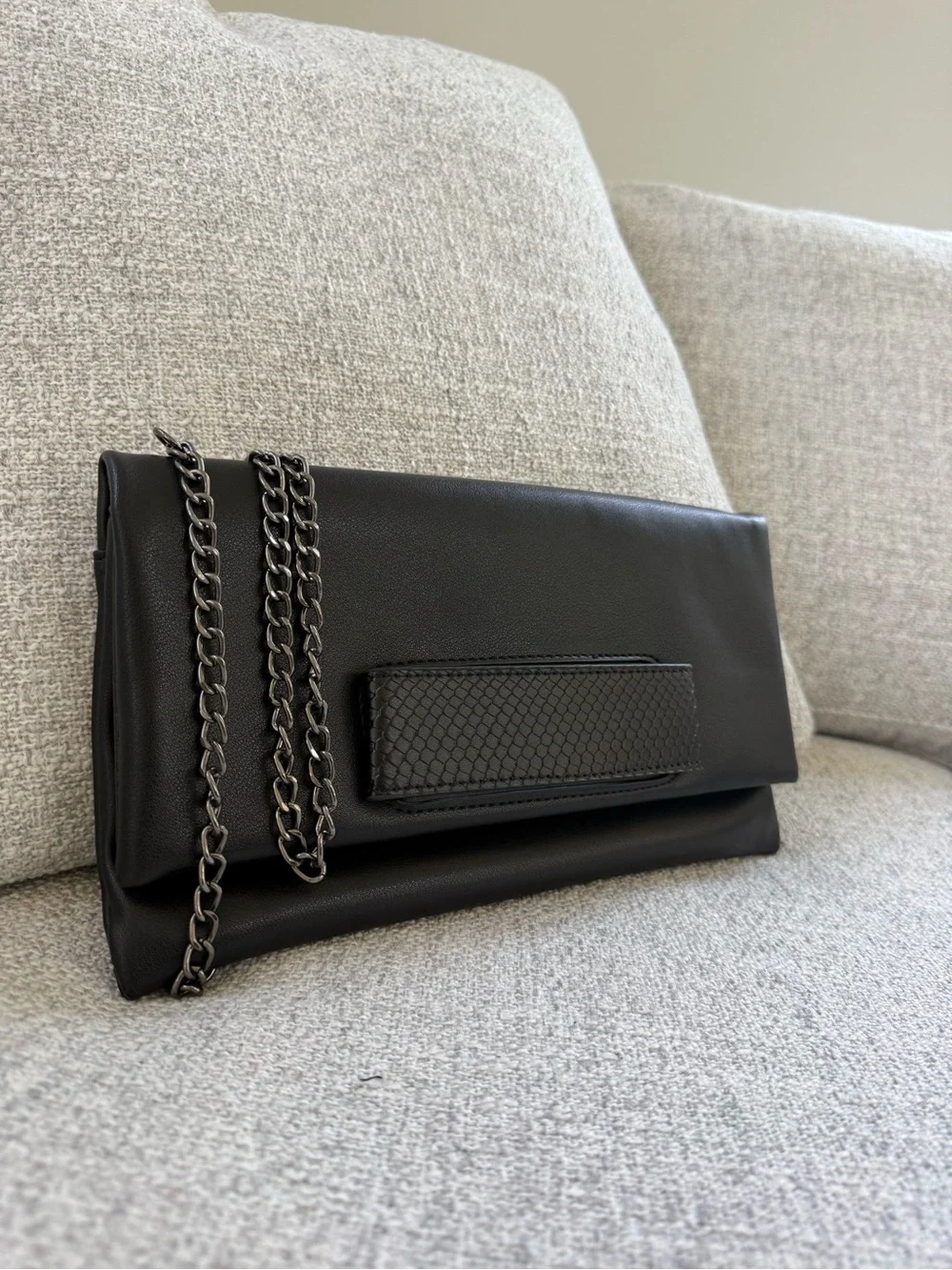 Elegant Black Foldover Chain-Strap Clutch
